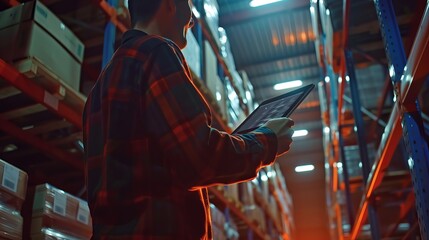 Manager using digital tablet to demonstrate smart warehouse inventory management system with advanced software in modern warehouse environment - business and technology concept for efficient inventory