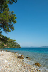 Fototapeta premium Bay views from green forests. View from the forest to the sea. Magnificent views from the forest to the sea. Magnificent bays of Muğla.