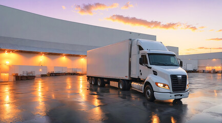 Modern Semi-Truck at Warehouse Loading Dock at Sunset