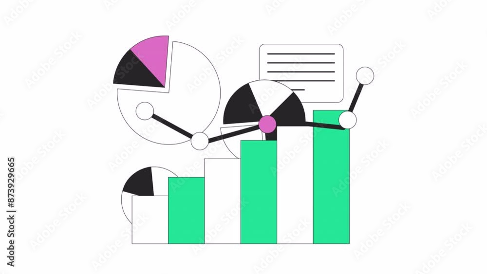 Poster commercial data analytics diagrams line 2d objects animation. researching business information flat 