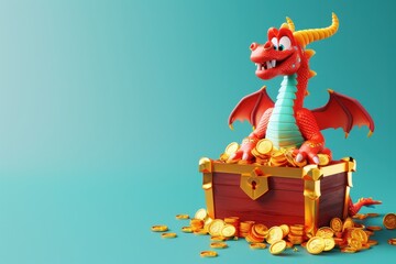 A cartoon dragon is sitting on top of a gold chest full of gold coins