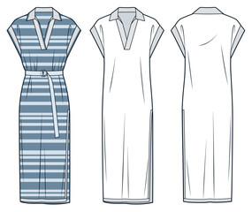 Shirt Dress technical fashion illustration, stripe design. Jersey midi Dress fashion technical drawing template, side slit,  polo collar, belt, rib, front, back view, white, blue, women CAD mockup set