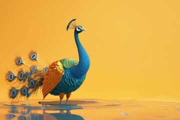 A colorful peacock is standing in a body of water