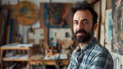 Inspired Creative Professional in Design Studio Close-up Portrait with Artistic Elements and Tools