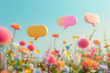 Obraz premium A field of flowers with three different colored balloons floating in the air