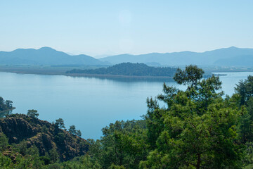 Naklejka premium Bay views from green forests. View from the forest to the sea. Magnificent views from the forest to the sea. Magnificent bays of Muğla.