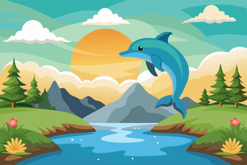 Dolphin jumping in the river vector illustration 