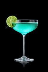 A visually striking blue cocktail served in an elegant glass, garnished with a fresh lime slice and set against a black background, perfect for any cocktail lover.