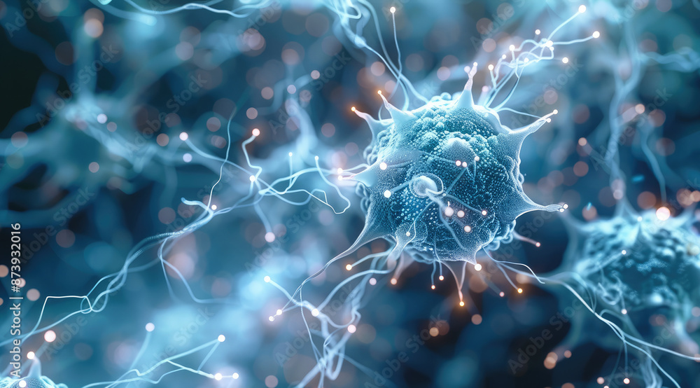 Poster a digital network composed of virus-like nodes, each emitting a soft luminescence, connected by fine