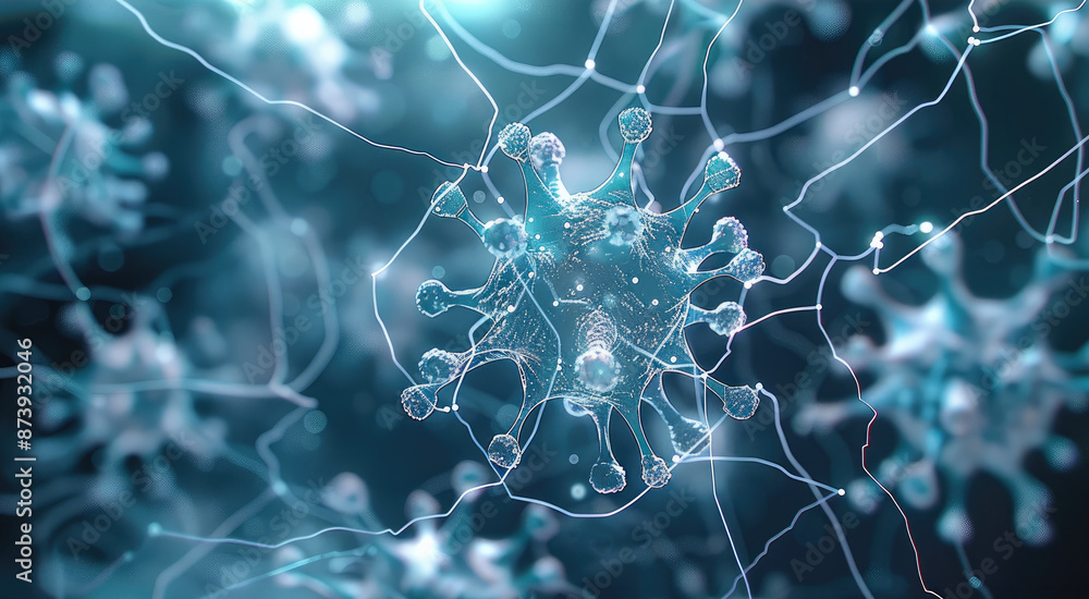 Poster a digital network composed of virus-like nodes, each emitting a soft luminescence, connected by fine