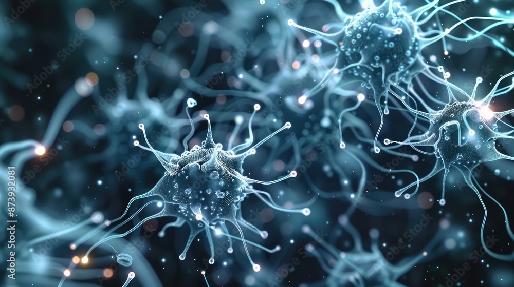 Poster a digital network composed of virus-like nodes, each emitting a soft luminescence, connected by fine
