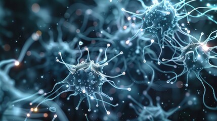 A digital network composed of virus-like nodes, each emitting a soft luminescence, connected by fine, glowing filaments in a futuristic environment. Generative AI.