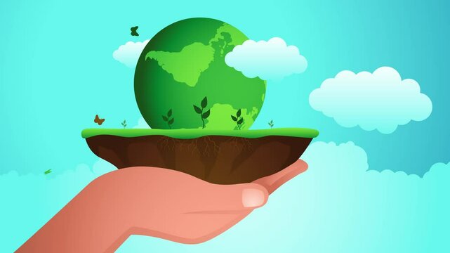 Hand holding a clump of soil with a young tree and planet Earth above it, a symbol of environmental consciousness, portraying the vision of a sustainable Earth through reforestation