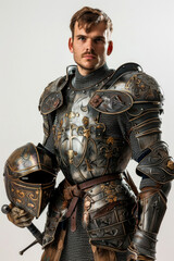 Elegant medieval knight posing confidently against a white backdrop