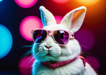 Naklejka premium Cool bunny with sunglasses on colorful background. Generative AI. 