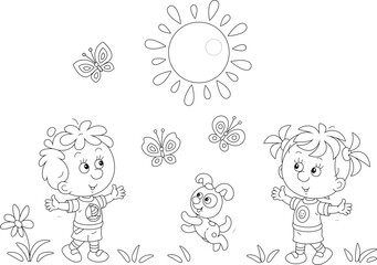 Happy little kids and their merry pup playing with colorful butterflies in a park on a sunny summer day, black and white outline vector cartoon illustration for a coloring book