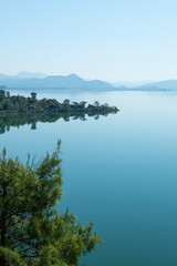 Naklejka premium Bay views from green forests. View from the forest to the sea. Magnificent views from the forest to the sea. Magnificent bays of Muğla.
