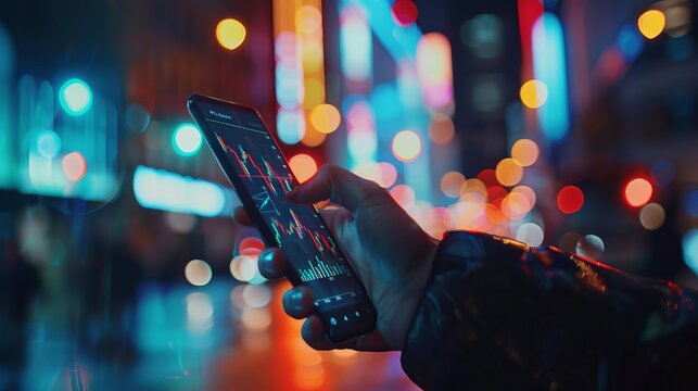 Stock exchange market concept, trader analyzing graphs on smartphone against night city lights, candlestick chart analysis