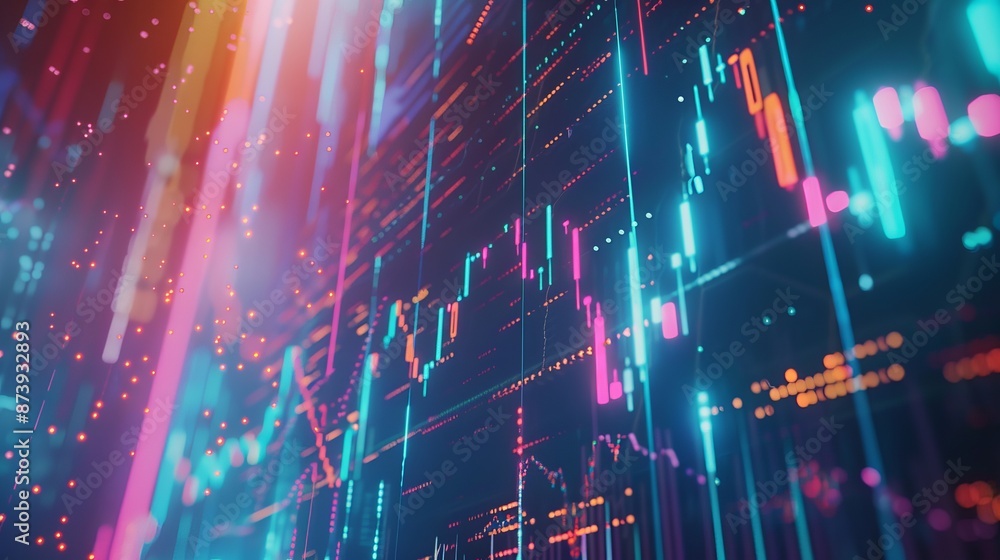 Poster digital graph displaying stock market trends with rising and falling financial data, perfect for bus