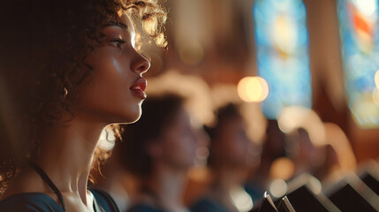 A choir singing hymns in a traditional church setting, harmonizing in praise and worship. Generative AI.