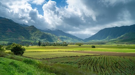 Obraz premium Valley with lush farms under cloudy sky plenty of room for text