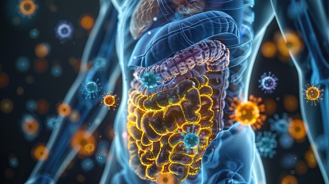 3D illustration of human digestive system with highlighted intestines and microorganisms, showcasing gut health and microbiome connection.