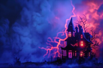 A house with a lightning bolt on it is shown in a dark blue background