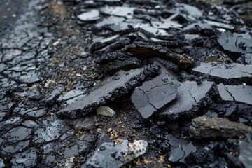 Obraz premium Pile of Asphalt Debris: Broken Old Concrete Pavement Rubble on the Ground