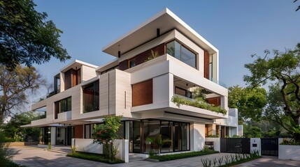 Modernist Indian Inspired Gray and Wood Architectural Building in Urban City Setting