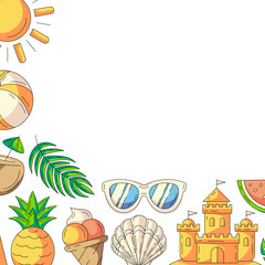 Summer square card, colorful beach accessories icons. Corner border frame, copy space, isolated on white. Summertime, holiday and vacation. For poster, flyer, banner, invitation, social media