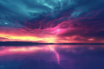 Fototapeta premium A stormy sky with a lightning bolt and a reflection of the sky in the water