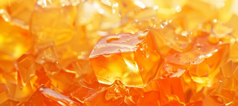 Abstract background made from orange jello chunks. Backlit clear ice or jelly cubes. Candy sweets