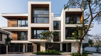 Fototapeta premium Modern Indian Inspired Architecture with Striking Exterior Facade and Courtyard