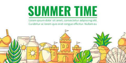 Summer colorful horizontal banner, beach accessories elements. Bottom border frame, copy space. Summertime, holiday and vacation. For poster, flyer, card, invitation, social media, postcard