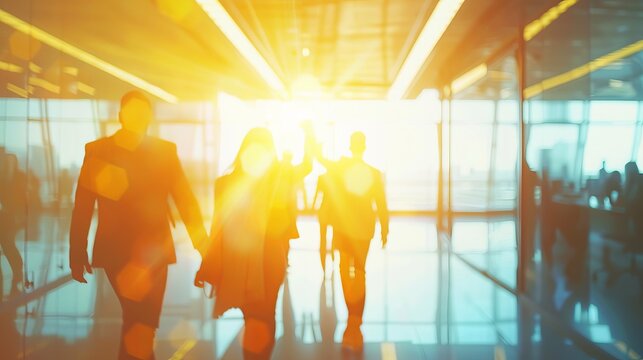 Successful business team members high-fiving in a modern office interior with sunlight streaming through windows, highlighting collaboration and positive work environment. Achievement, teamwork, and p