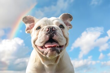 Obraz premium Hyper Close up Portrait of a Content and Adorable Baby Bulldog with Rainbow Backdrop