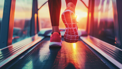 Close-up of a person running on a treadmill with a sunrise in the background
