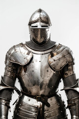 Knight with piercing eyes and polished armor, isolated on white