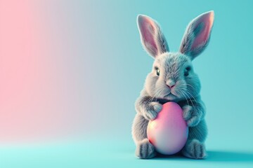 Obraz premium Watercolor Easter Egg. Rabbit Easter Bunny with Pastel Blue and Pink Abstract Background