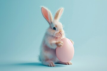 Fototapeta premium Watercolor Easter Egg. Rabbit Holding Easter Egg on Pastel Blue Background, 3D Render