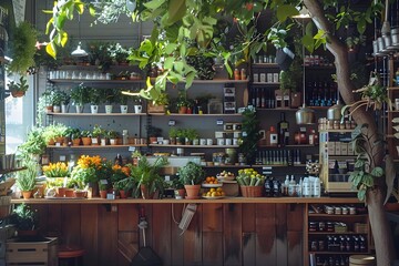 Lush Botanical Shop with Abundance of Fresh Plants and Produce on Wooden Shelves