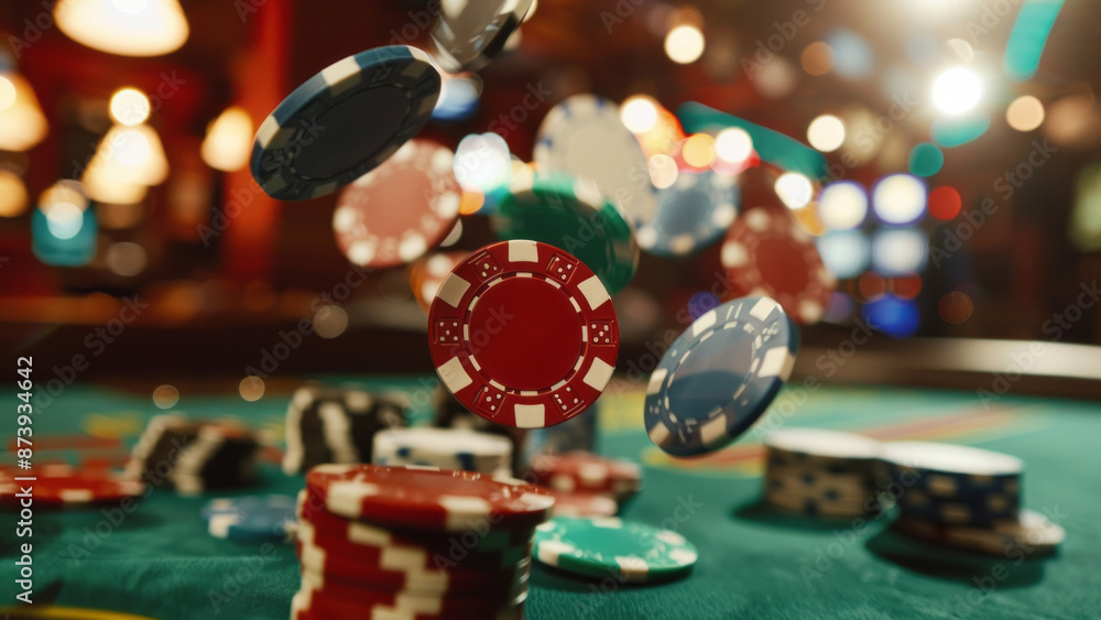 Wall mural casino scene with poker chips and dice in mid-air