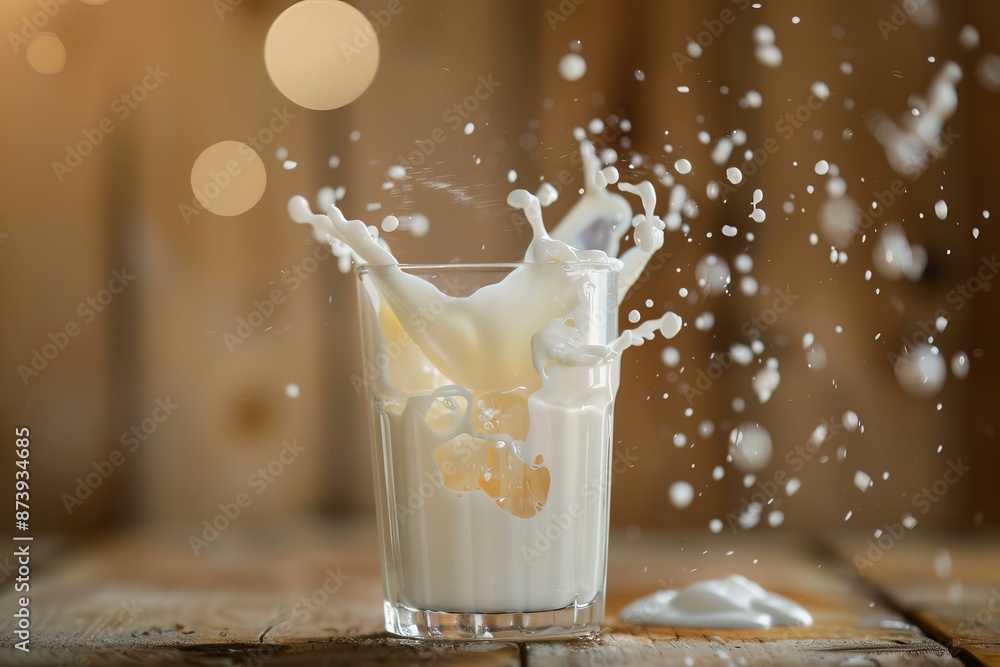 Poster highspeed capture of milk splashing out of a glass with a warm, bokeh background