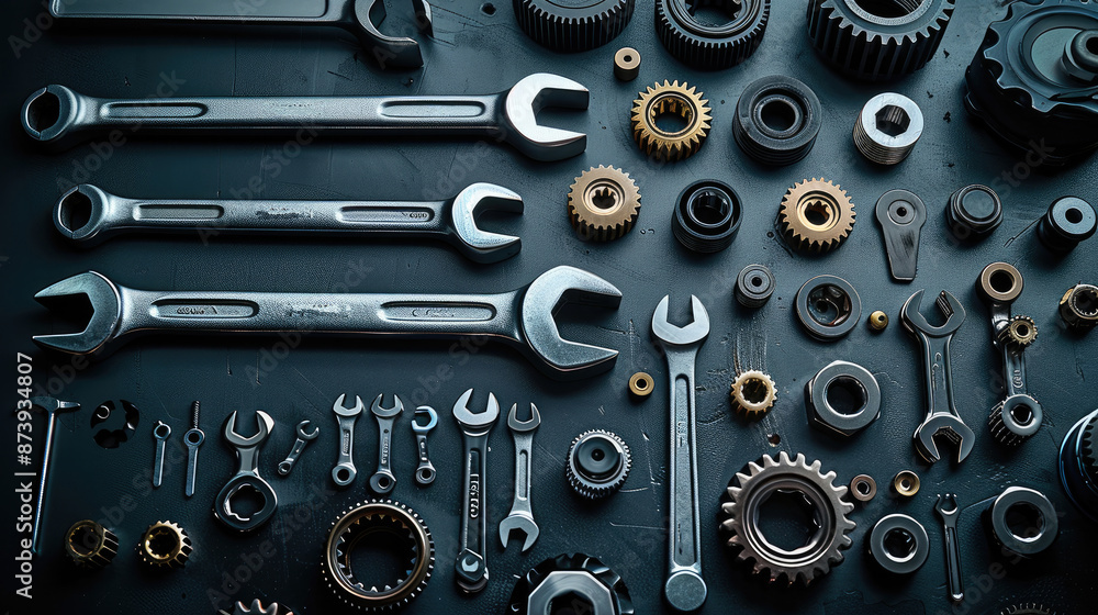 Aufkleber a car gearbox spare parts and wrenches on black background leave space. top view. generative ai.