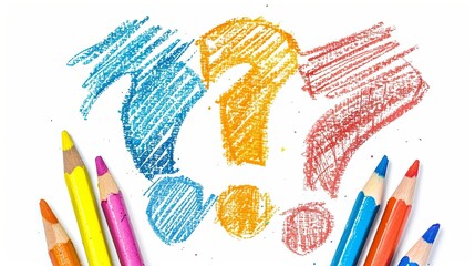 Colored pencils and question mark, isolated on a white background