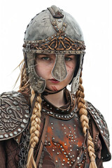 Fototapeta premium Majestic Viking woman, adorned in traditional gear, against white