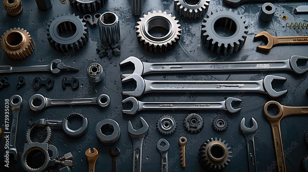 Poster a car gearbox spare parts and wrenches on black background leave space. top view. generative ai.
