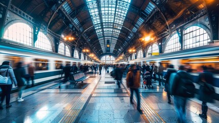 Bustling train station with blurred motion of commuters and travelers during rush hour, capturing the busy urban lifestyle and transportation dynamics in a modern city