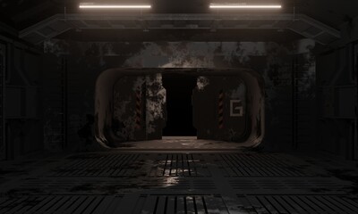 Science fiction simulation base abandoned interior and main exit door in dark scene 3d rendering wallpaper background