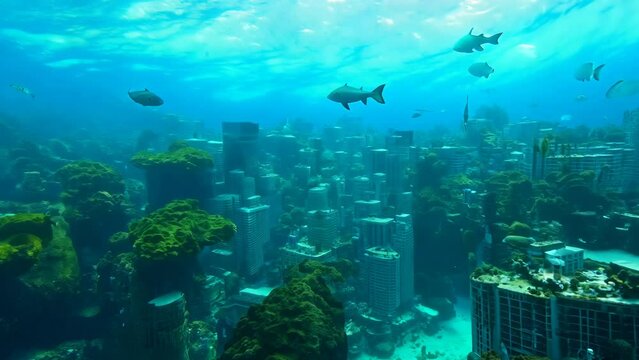 Underwater city ruins with fish
